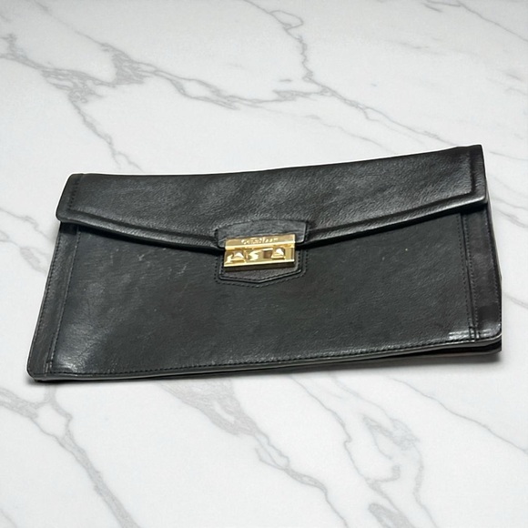Cole Haan Black Leather Flap Clutch with Gold Clasp